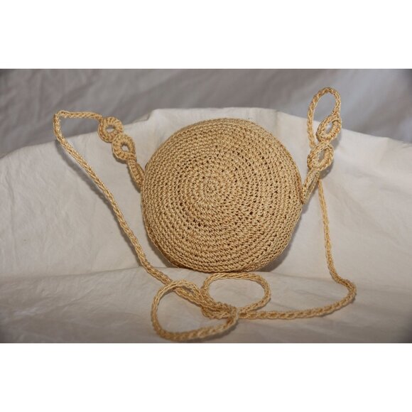 Vintage 1960's Crochet Round Purse Shoulder Crossbody Bag Beige Handmade Zipper - Picture 2 of 8